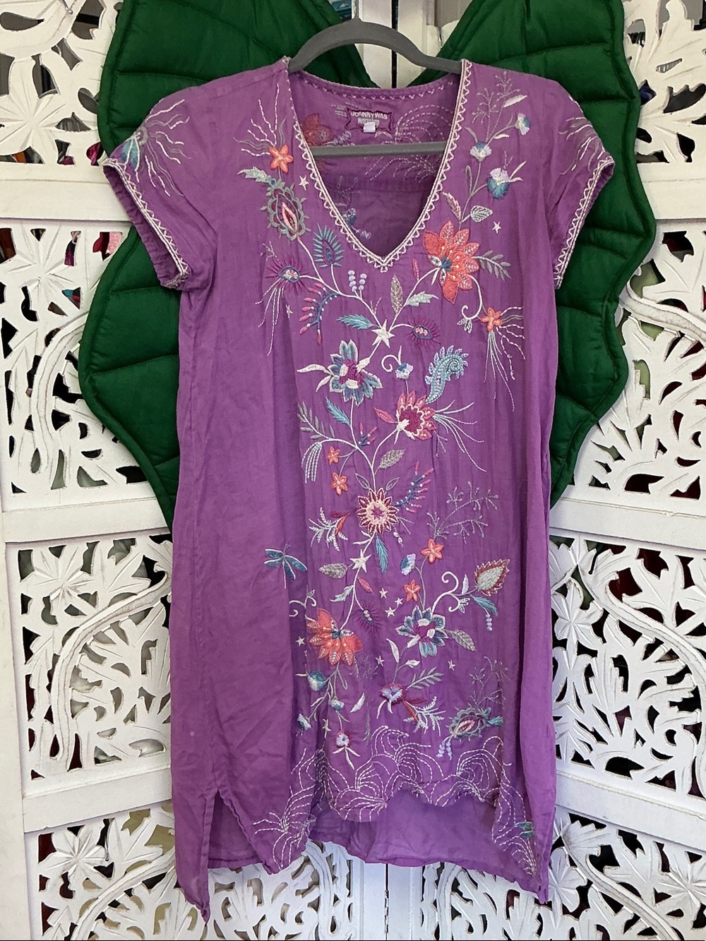 Johnny Was purple v neck floral embroidered midi dress, size XS